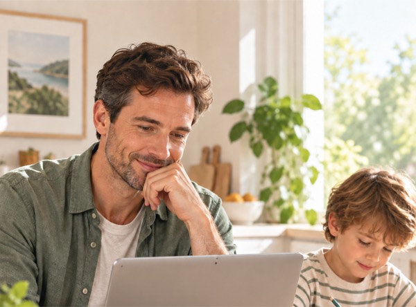 Illustration: a person working at a laptop at a kitchen table, with a child drawing beside them.