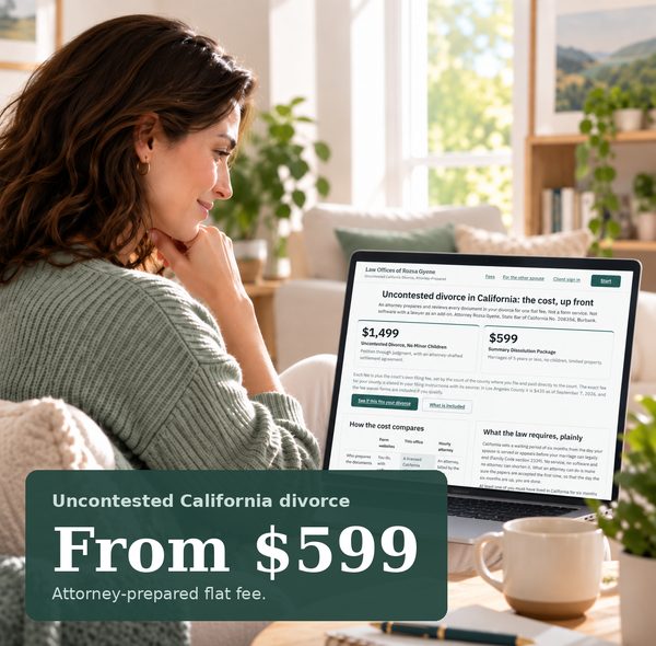 Illustration: a person on a sofa reading this site on a laptop, with a panel reading “Uncontested California divorce, From $599, attorney-prepared flat fee”.