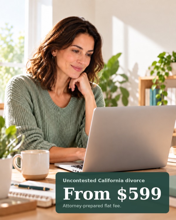 Illustration: a person working at a laptop, with a panel reading “Uncontested California divorce, From $599, attorney-prepared flat fee”.
